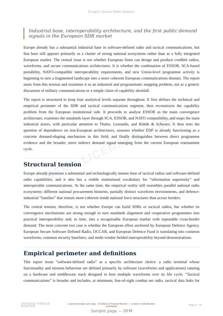 Sample page from “Europe’s Tactical Radio Question” — 19-page report