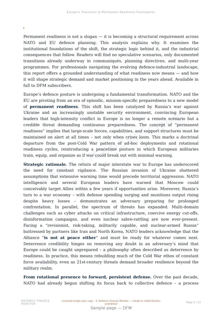 Sample page from “Europe’s Transition to Permanent Readiness Frameworks” — 16-page report