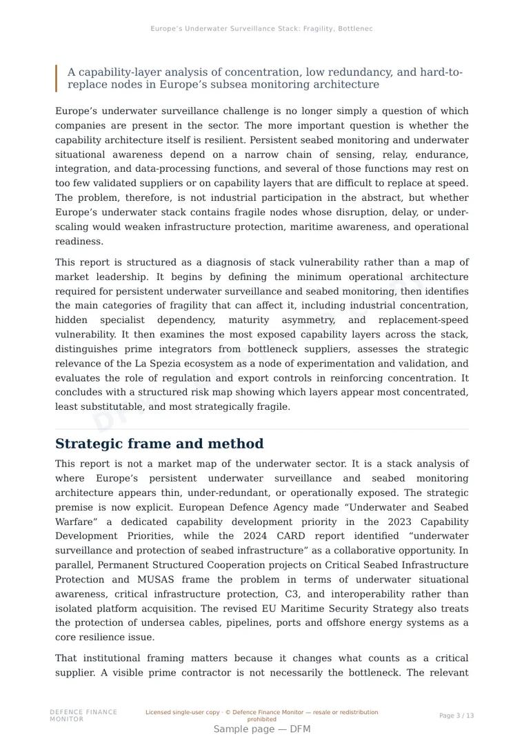 Sample page from “Europe’s Underwater Surveillance Stack: Fragility, Bottlenecks, and Critical Dependencies” — 14-page report