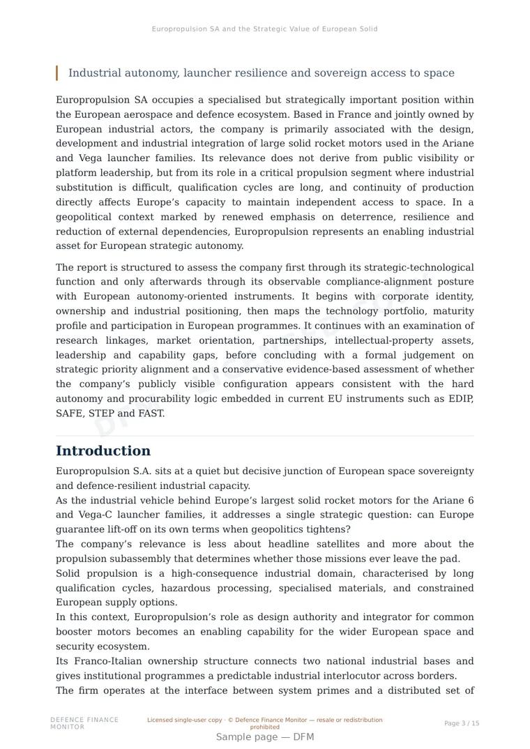 Sample page from “Europropulsion SA and the Strategic Value of European Solid Propulsion” — 16-page report
