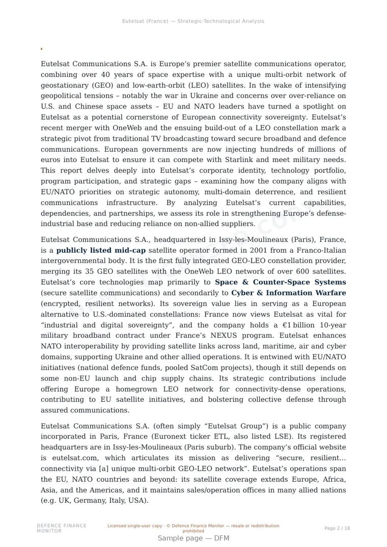 Sample page from “Eutelsat Communications S.A. — France satellite communications company” — 19-page report
