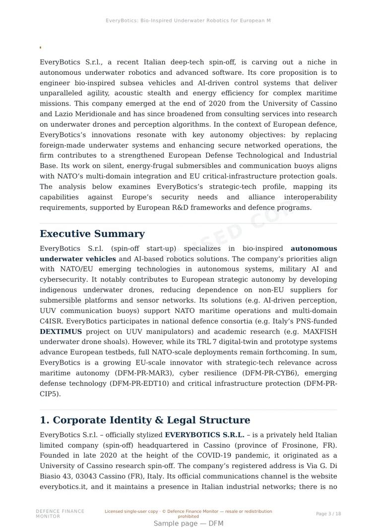 Sample page from “EveryBotics: Bio-Inspired Underwater Robotics for European Maritime Autonomy and Defence Innovation” — 19-page report