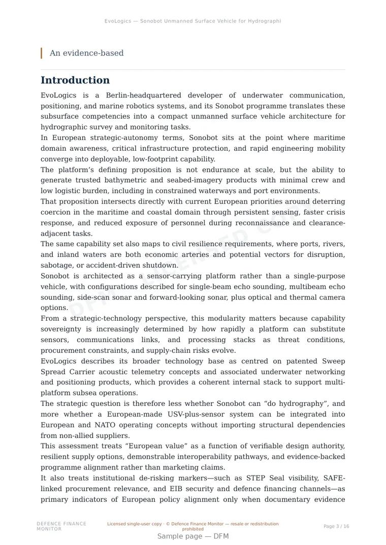 Sample page from “EvoLogics — Sonobot Unmanned Surface Vehicle for Hydrographic Survey and Maritime Security Operations” — 17-page report