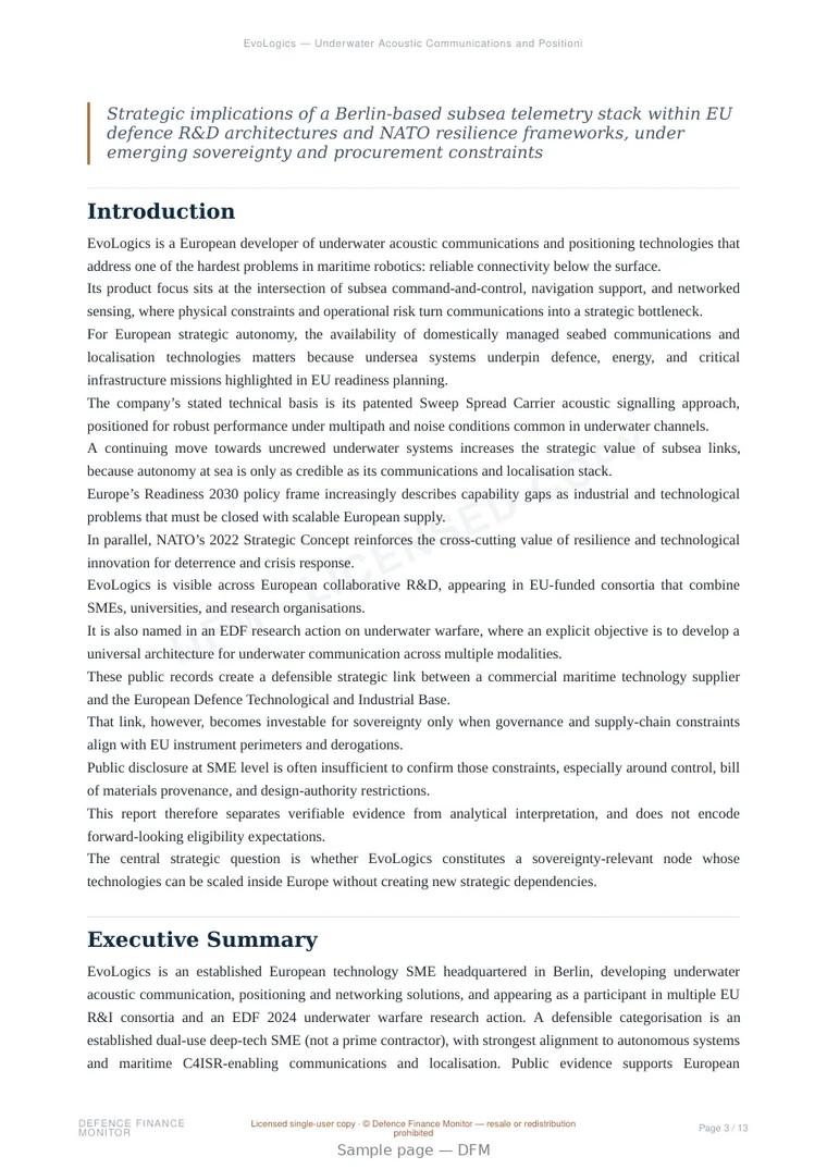 Sample page from “EvoLogics — Underwater Acoustic Communications and Positioning for Networked Maritime Autonomy” — 14-page report