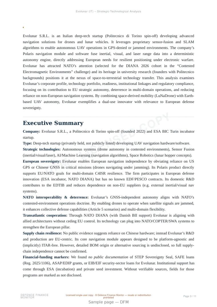 Sample page from “Evolunar S.R.L. — Italy guidance company” — 12-page report