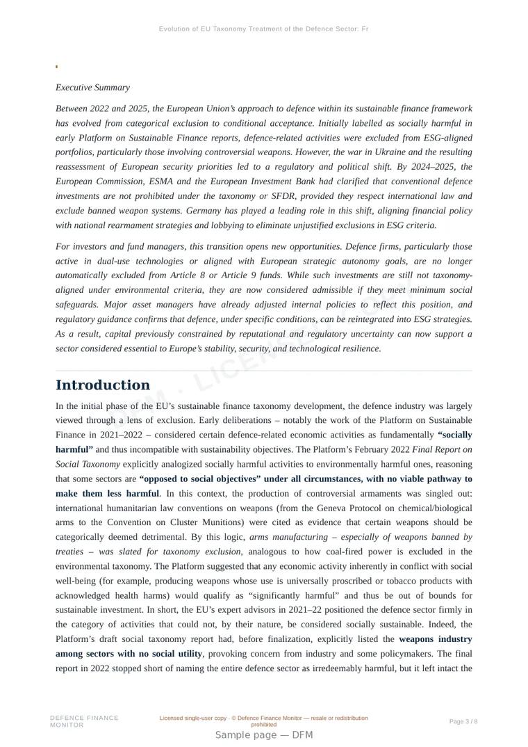 Sample page from “Evolution of EU Taxonomy Treatment of the Defence Sector: From Exclusion to Conditional Integration” — 9-page report