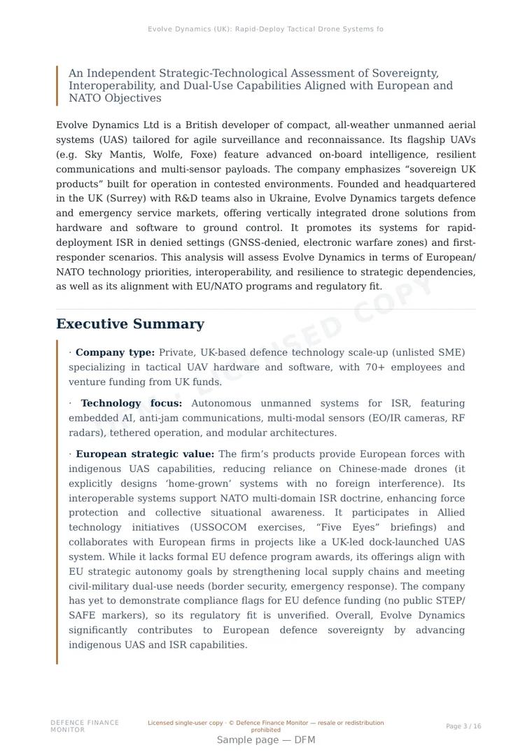 Sample page from “Evolve Dynamics (UK): Rapid-Deploy Tactical Drone Systems for ISR and Response” — 17-page report