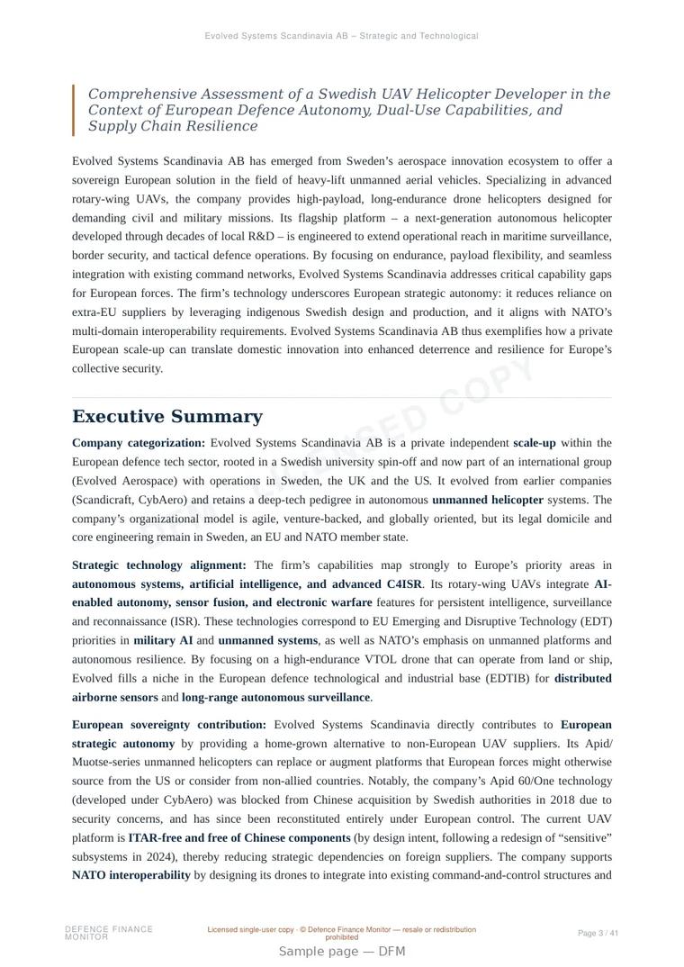 Sample page from “Evolved Systems Scandinavia AB – Strategic and Technological Profile” — 42-page report