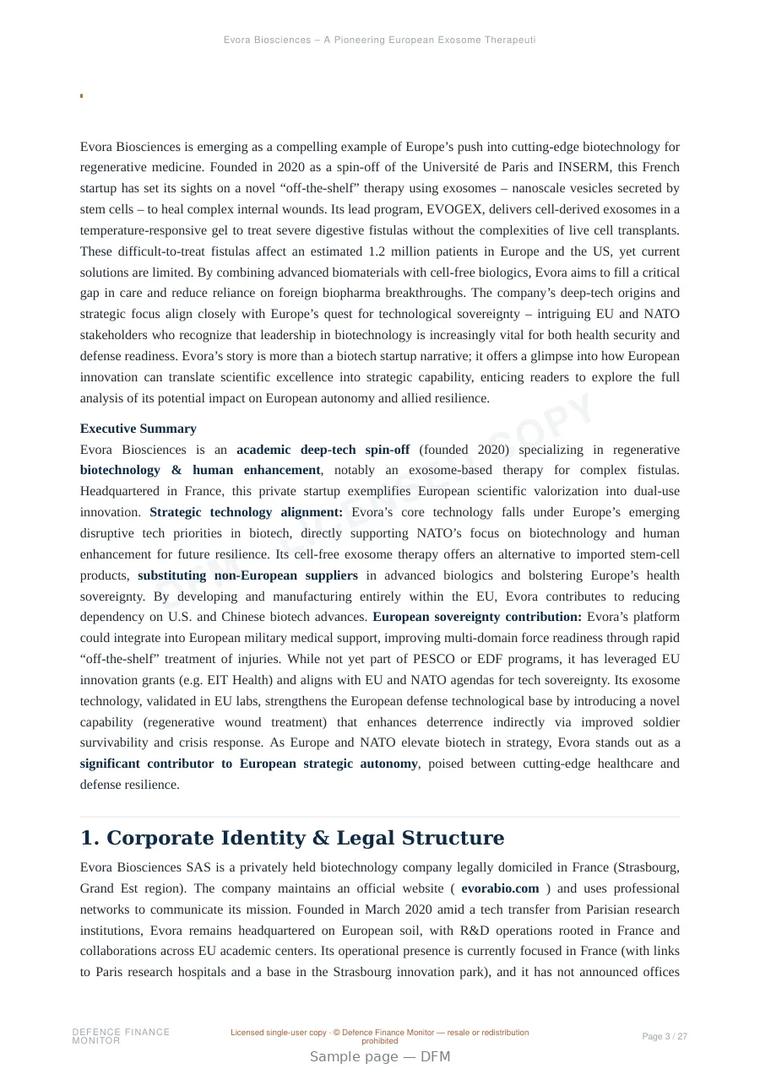 Sample page from “Evora Biosciences – A Pioneering European Exosome Therapeutics Spin-Off” — 28-page report