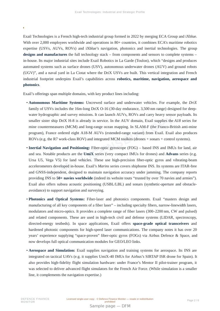 Sample page from “Exail Technologies: Industrial and Strategic Profile” — 7-page report