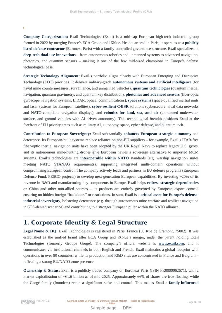 Sample page from “Exail Technologies – Strategic Technological Profile” — 34-page report