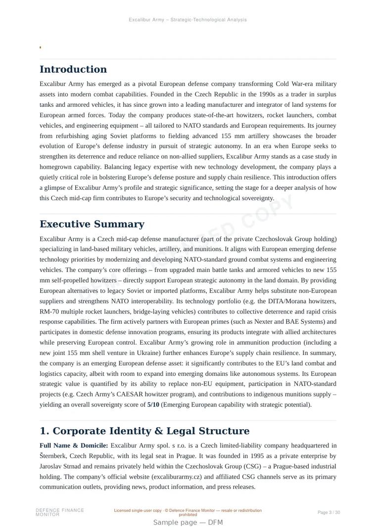 Sample page from “Excalibur Army — Czech Republic land platforms company” — 31-page report