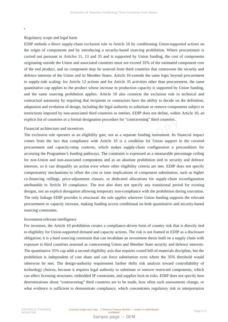 Sample page from “Exclusion of Security-Conflicting Third Countries from Defence Supply Chains under EDIP” — 6-page report