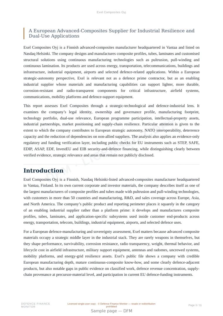 Sample page from “Exel Composites Oyj” — 12-page report