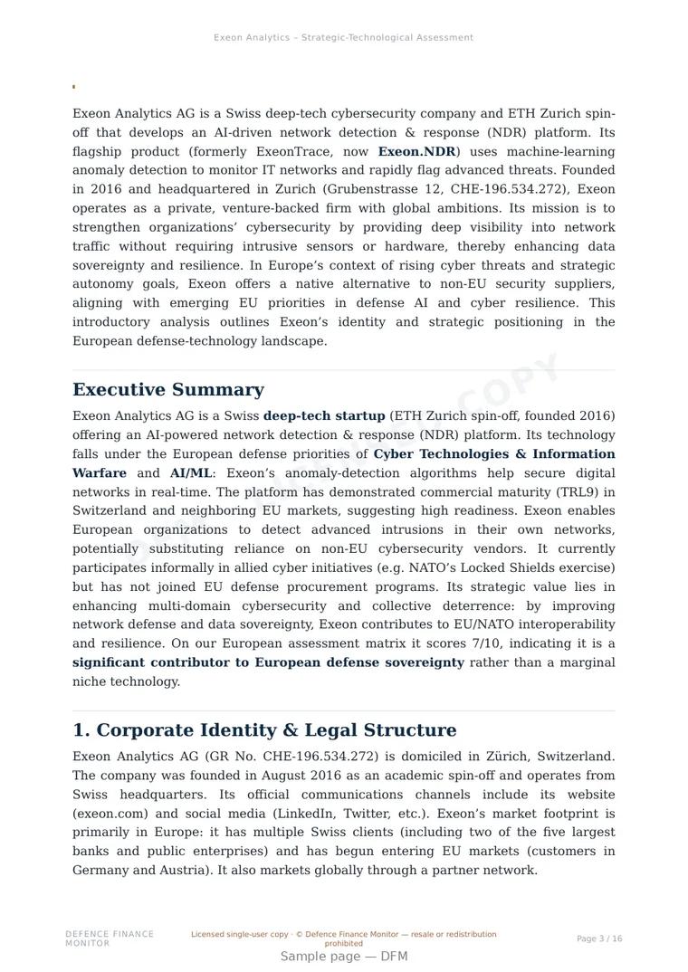 Sample page from “Exeon Analytics – Strategic-Technological Assessment” — 17-page report