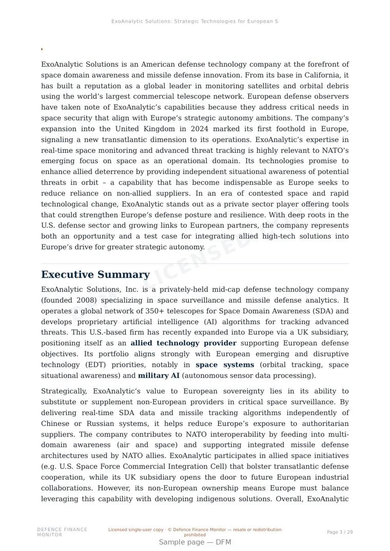 Sample page from “ExoAnalytic Solutions: Strategic Technologies for European Space and Defense Security” — 30-page report
