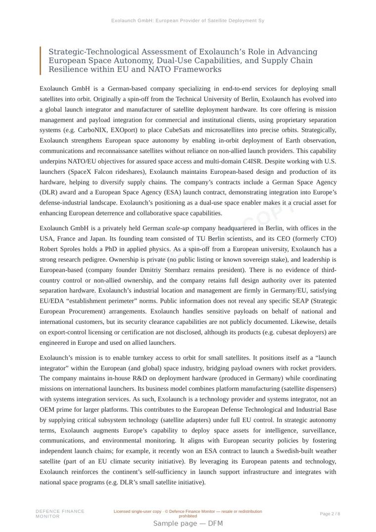Sample page from “Exolaunch GmbH: European Provider of Satellite Deployment Systems and Launch Integration Services” — 9-page report