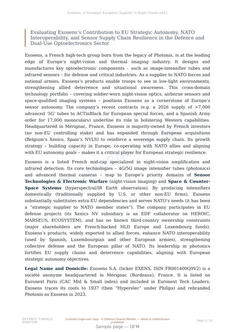 Sample page from “Exosens: A Strategic European Supplier in Night Vision and Infrared Technologies” — 14-page report
