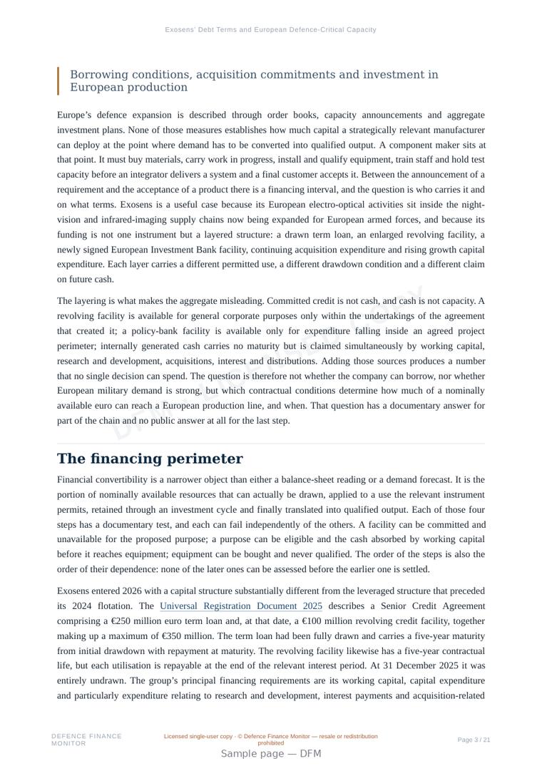 Sample page from “Exosens’ Debt Terms and European Defence-Critical Capacity” — 22-page report