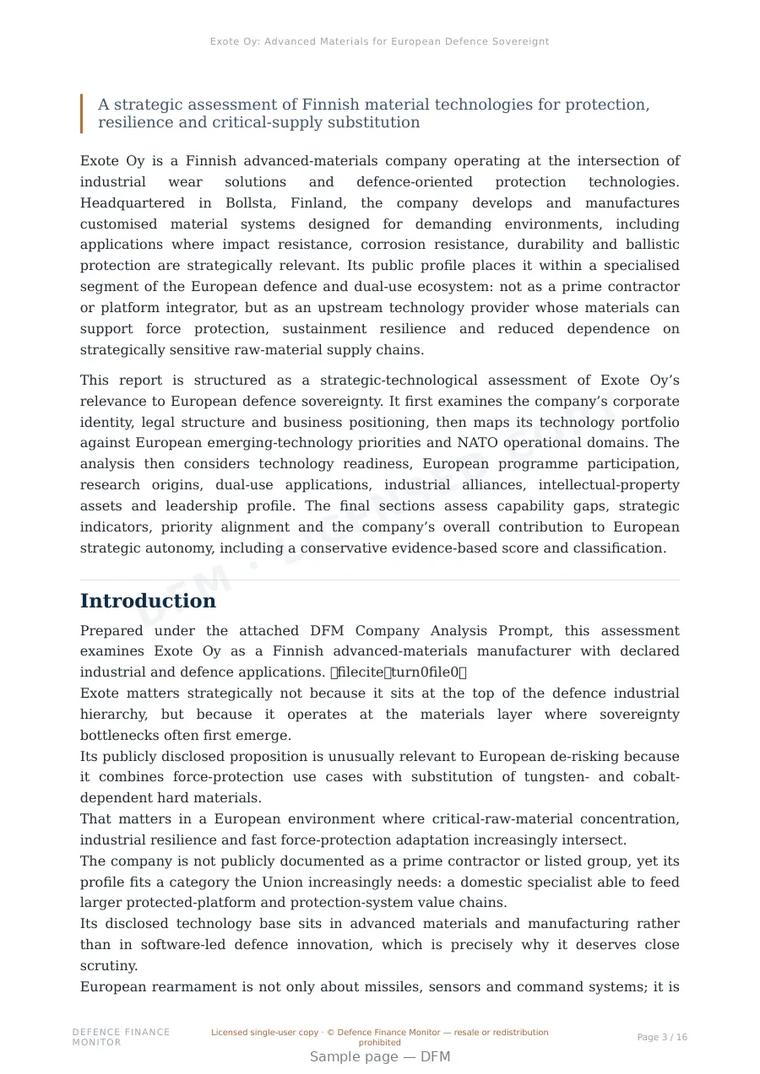 Sample page from “Exote Oy: Advanced Materials for European Defence Sovereignty” — 17-page report