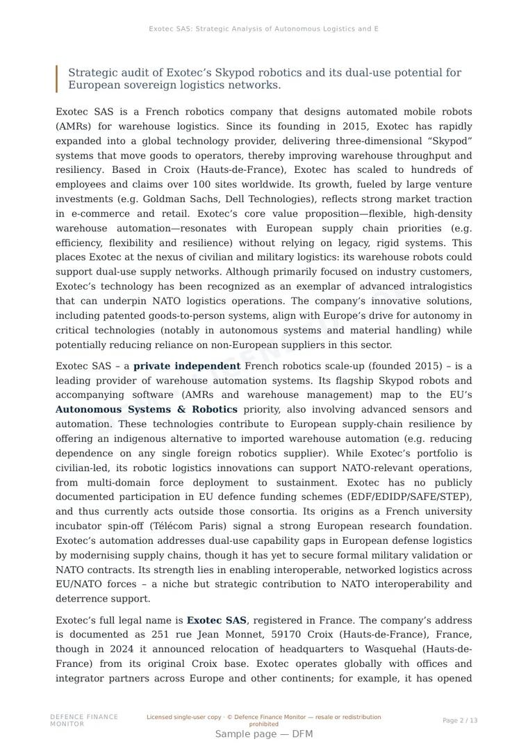 Sample page from “Exotec SAS: Strategic Analysis of Autonomous Logistics and European Supply Chain Resilience” — 14-page report