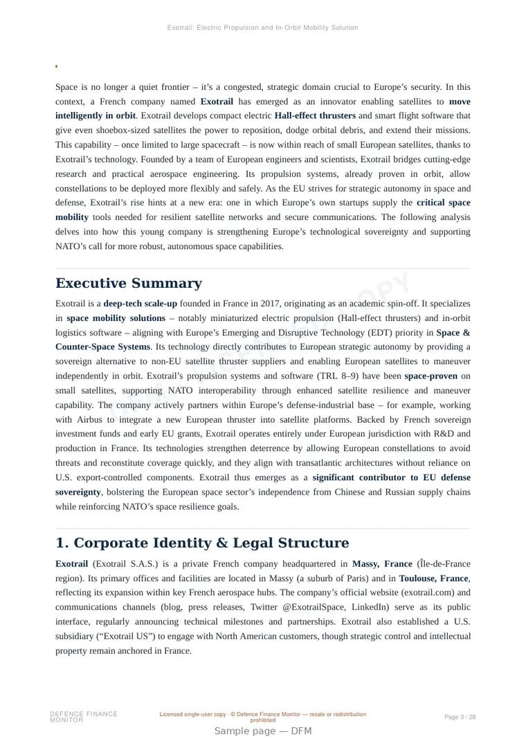 Sample page from “Exotrail: Electric Propulsion and In-Orbit Mobility Solutions for European Space Sovereignty” — 29-page report