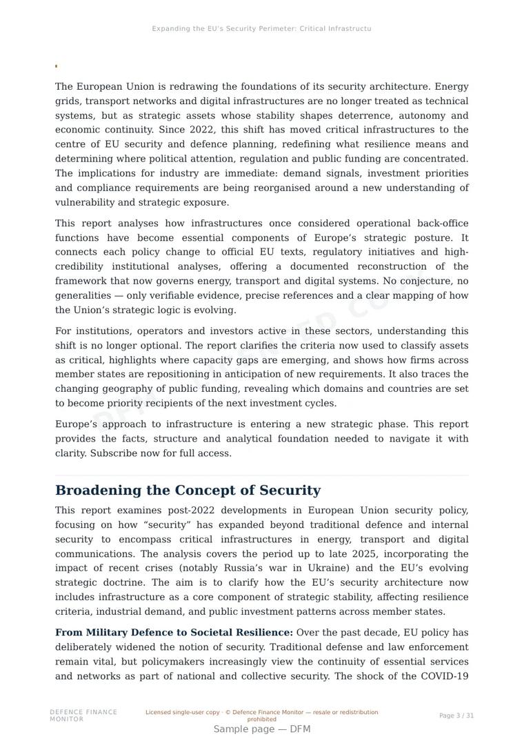 Sample page from “Expanding the EU’s Security Perimeter: Critical Infrastructure as Strategic Assets” — 32-page report