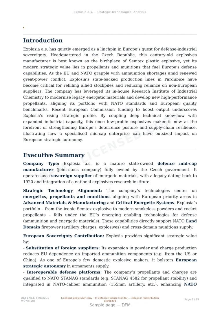 Sample page from “Explosia a.s. — Czech Republic defence company” — 30-page report