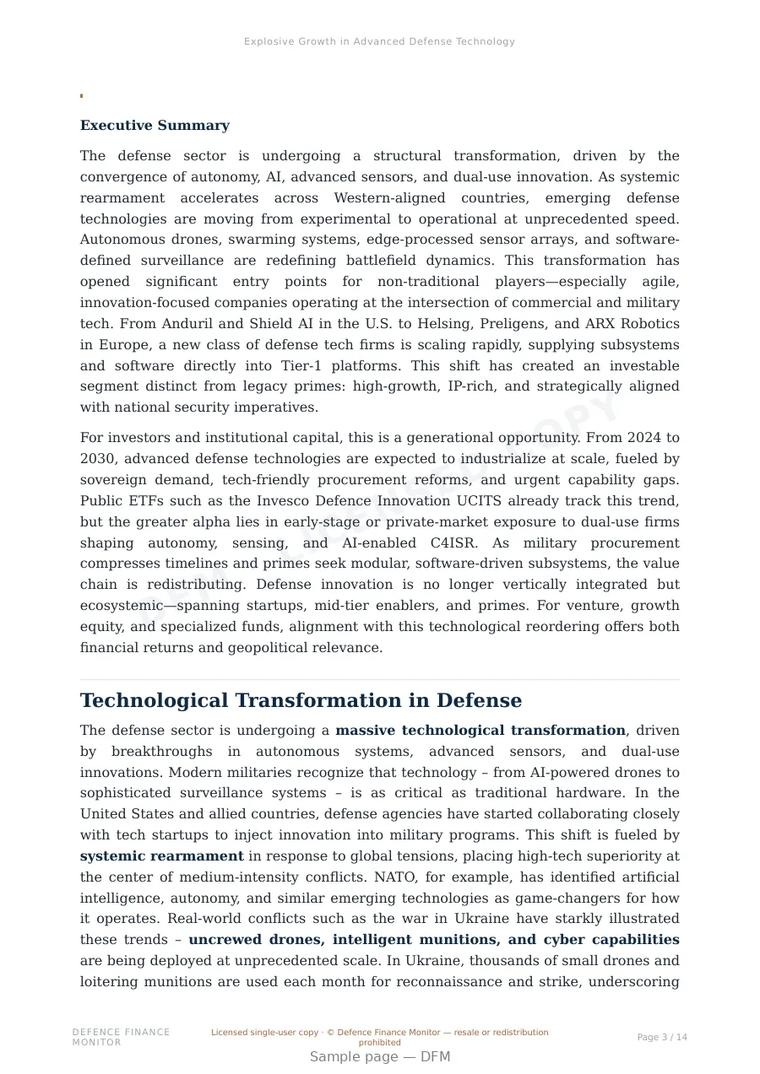 Sample page from “Explosive Growth in Advanced Defense Technology” — 15-page report