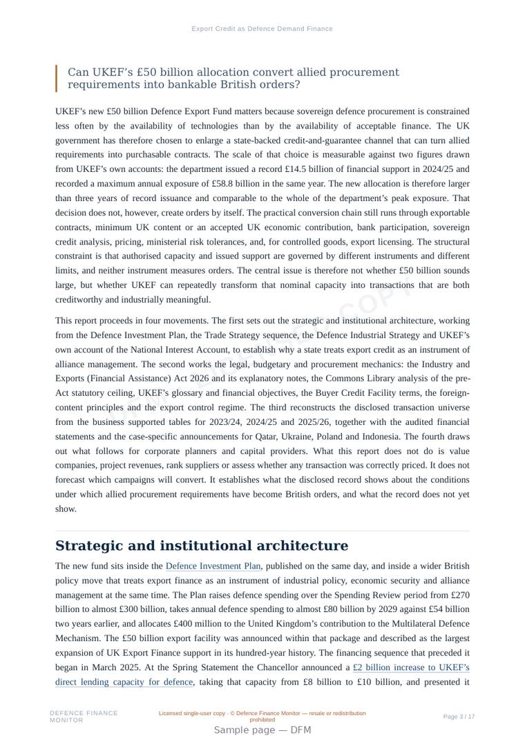 Sample page from “Export Credit as Defence Demand Finance” — 18-page report