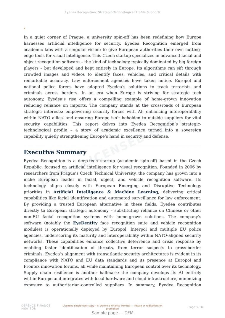 Sample page from “Eyedea Recognition: Strategic-Technological Profile Supporting European Security and Defense Autonomy” — 35-page report