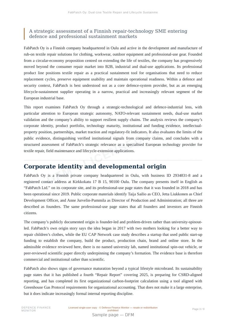 Sample page from “FabPatch Oy: Dual-Use Textile Repair and Lifecycle Sustainment” — 10-page report