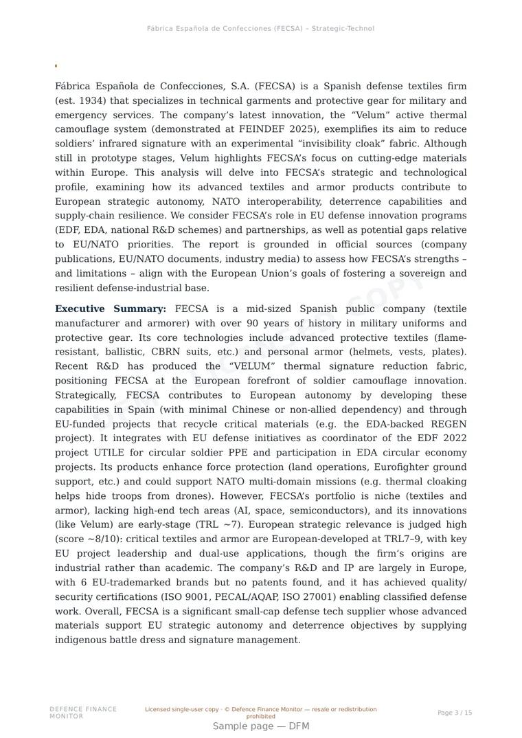 Sample page from “Fabrica Espanola de Confecciones, S.A. (FECSA) — Spain low observable company” — 16-page report