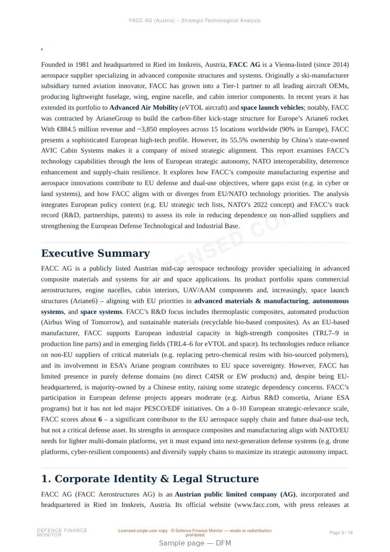Sample page from “FACC AG — Austria air platforms company” — 17-page report