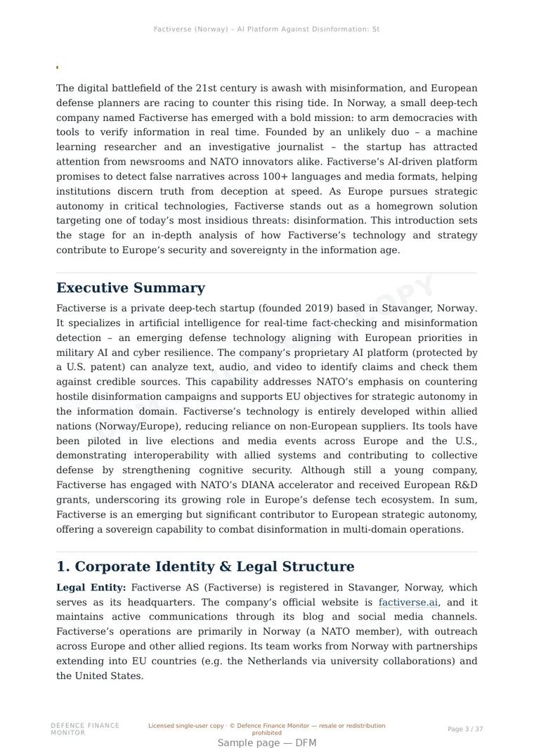Sample page from “Factiverse — Norway AI company” — 38-page report