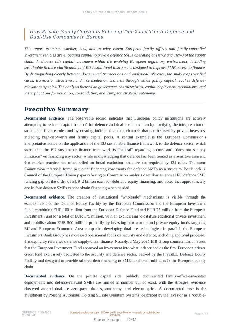 Sample page from “Family Offices and European Defence SMEs” — 15-page report