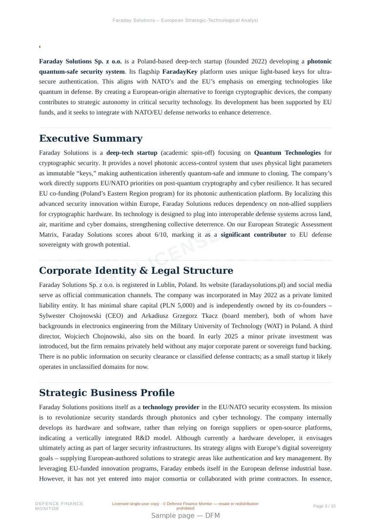 Sample page from “Faraday Solutions – European Strategic-Technological Analysis” — 11-page report