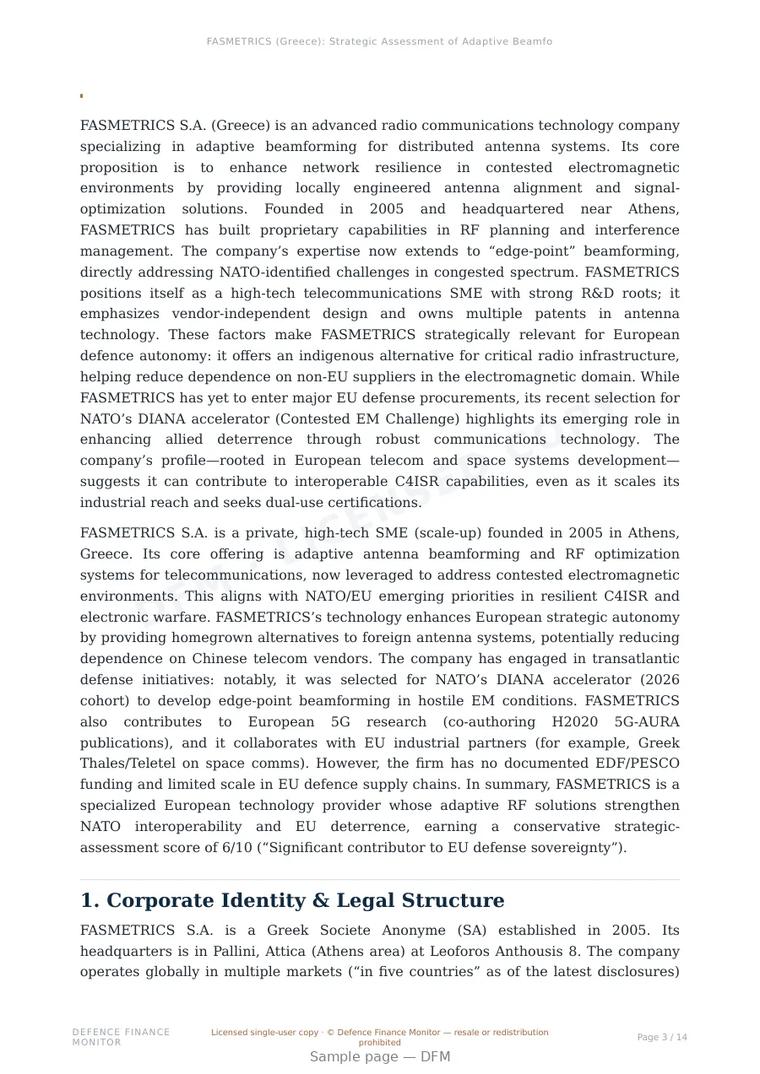 Sample page from “FASMETRICS (Greece): Strategic Assessment of Adaptive Beamforming Technologies for Defence Communications” — 15-page report