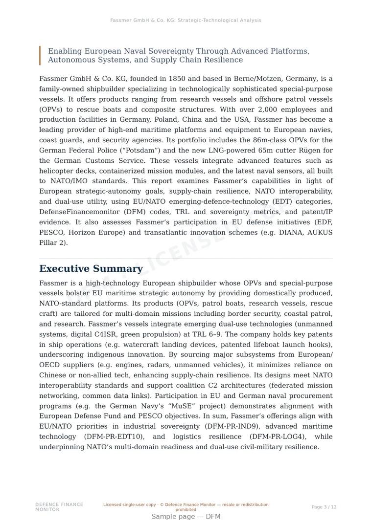 Sample page from “Fassmer GmbH & Co. KG — Germany defence company” — 13-page report