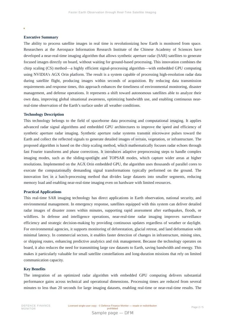 Sample page from “Faster Earth Observation through Real-Time Satellite Imaging” — 6-page report