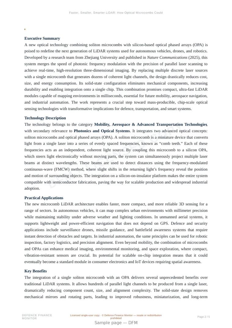 Sample page from “Faster, Smaller, Smarter LiDAR: How Optical Microcombs Could Revolutionize 3D Sensing” — 6-page report