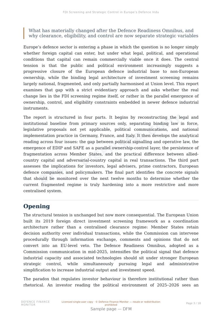 Sample page from “FDI Screening and Strategic Control in Europe’s Defence Industry” — 19-page report