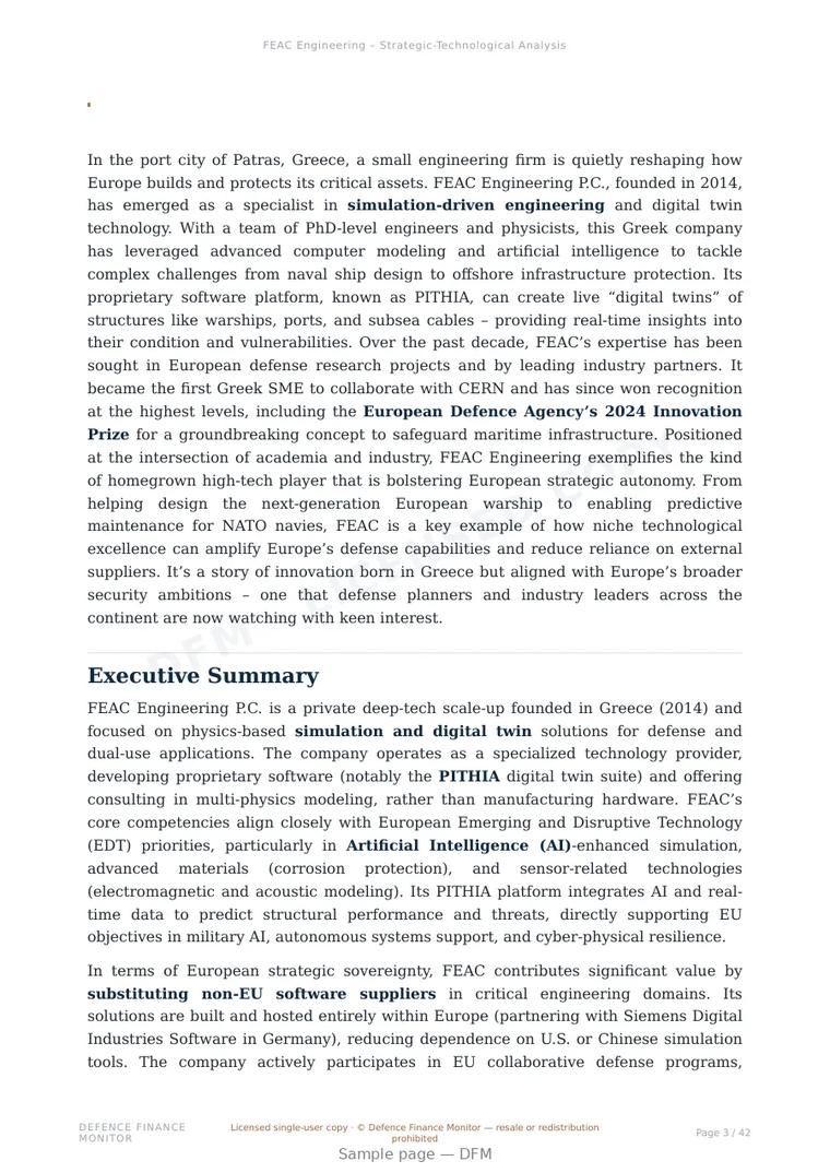 Sample page from “FEAC Engineering P.C. — Greece digital twins company” — 43-page report