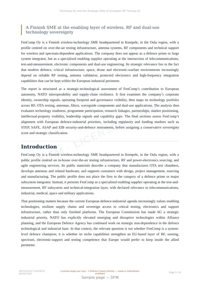 Sample page from “FenComp Oy and the Strategic Role of European RF Testing Infrastructure” — 11-page report