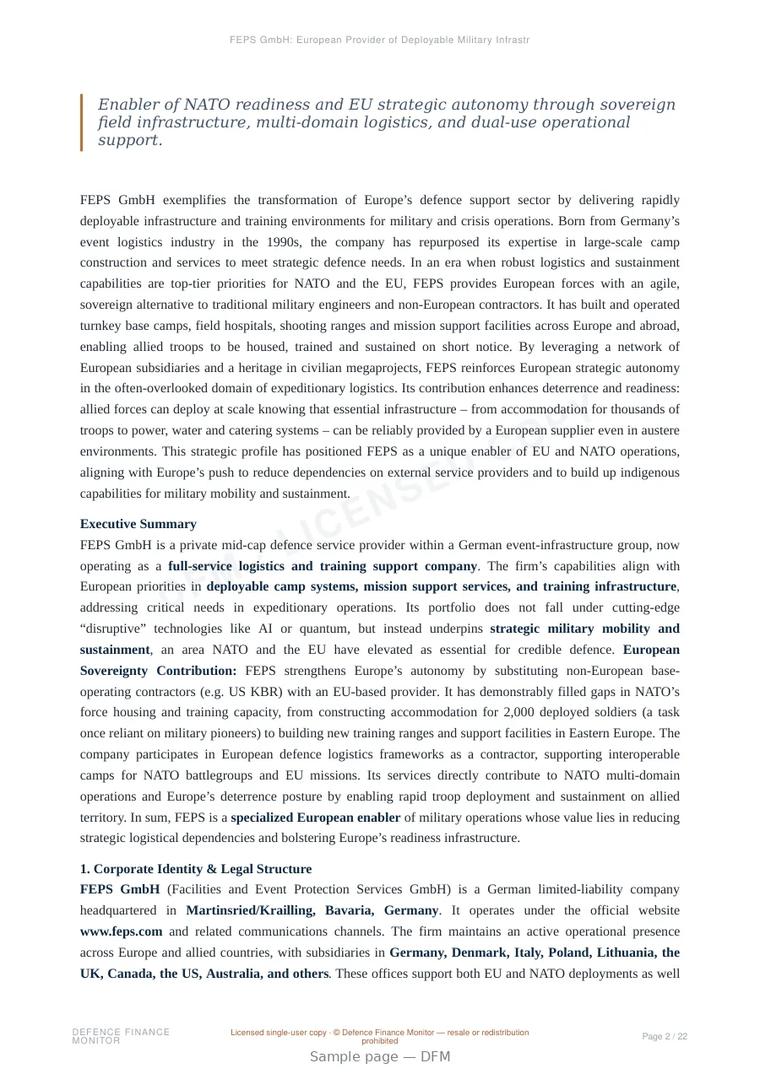 Sample page from “FEPS GmbH: European Provider of Deployable Military Infrastructure and Logistics Support” — 23-page report