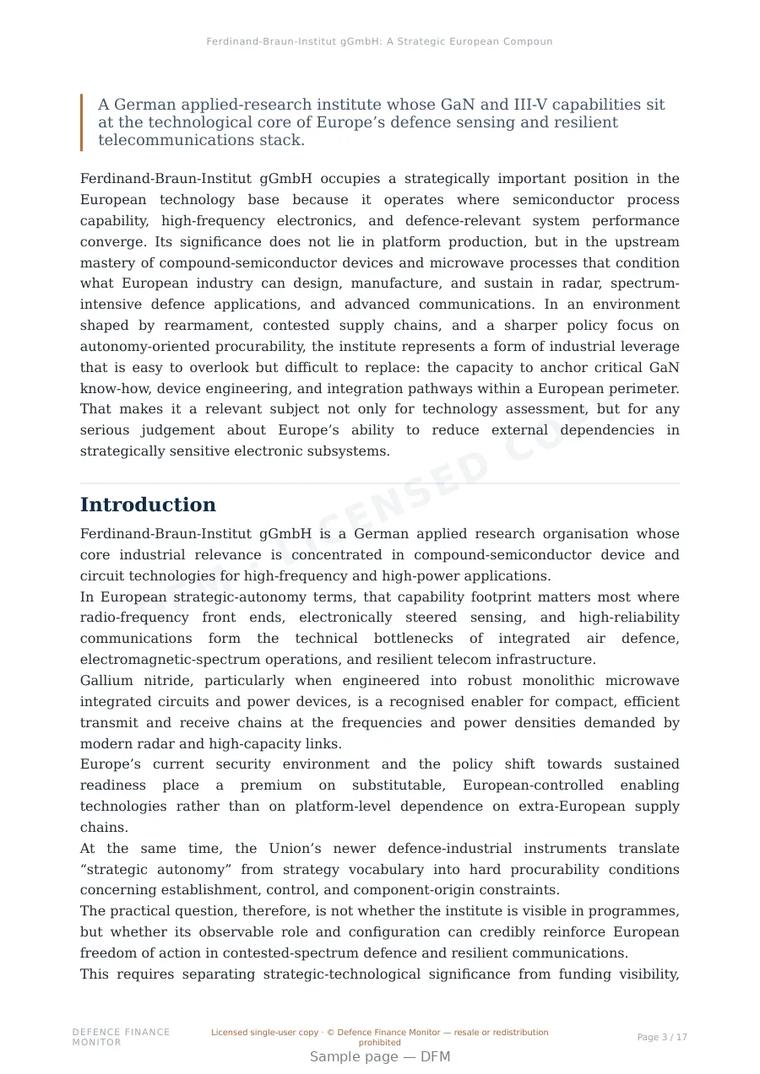 Sample page from “Ferdinand-Braun-Institut gGmbH: A Strategic European Compound-Semiconductor Enabler for GaN Radar and Sovereign High-Frequency Communications” — 18-page report