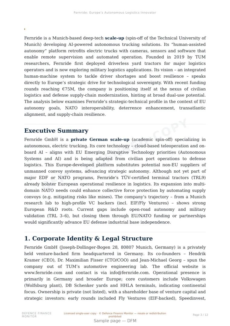 Sample page from “Fernride: Europe’s Autonomous Logistics Innovator” — 13-page report