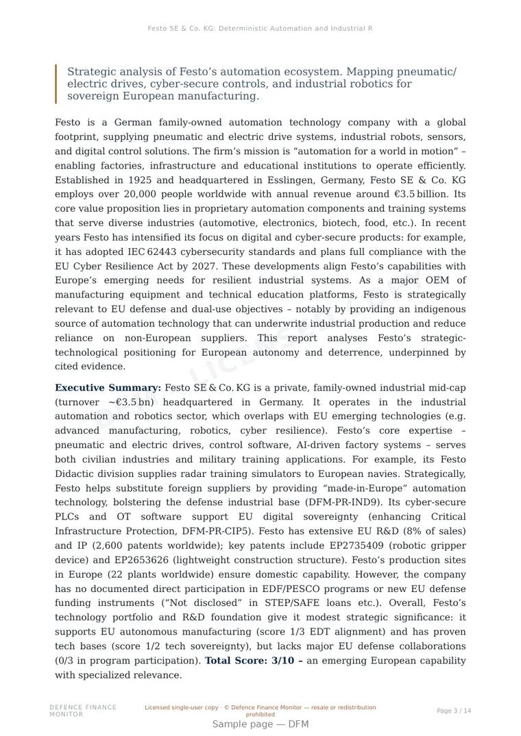 Sample page from “Festo SE & Co. KG: Deterministic Automation and Industrial Resilience for European Sovereignty” — 15-page report