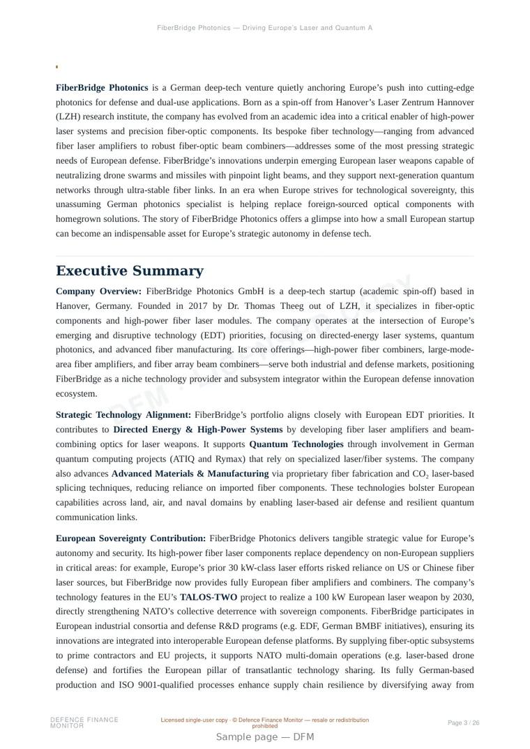 Sample page from “FiberBridge Photonics — Driving Europe’s Laser and Quantum Autonomy” — 27-page report