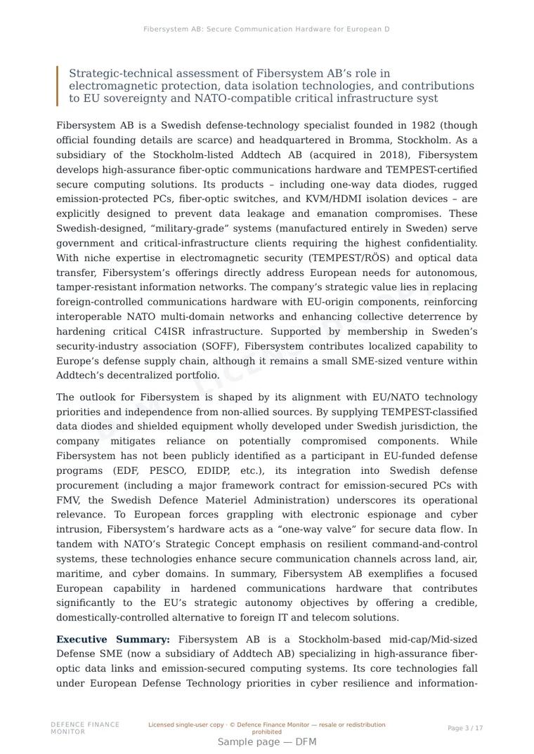 Sample page from “Fibersystem AB: Secure Communication Hardware for European Defence Applications” — 18-page report